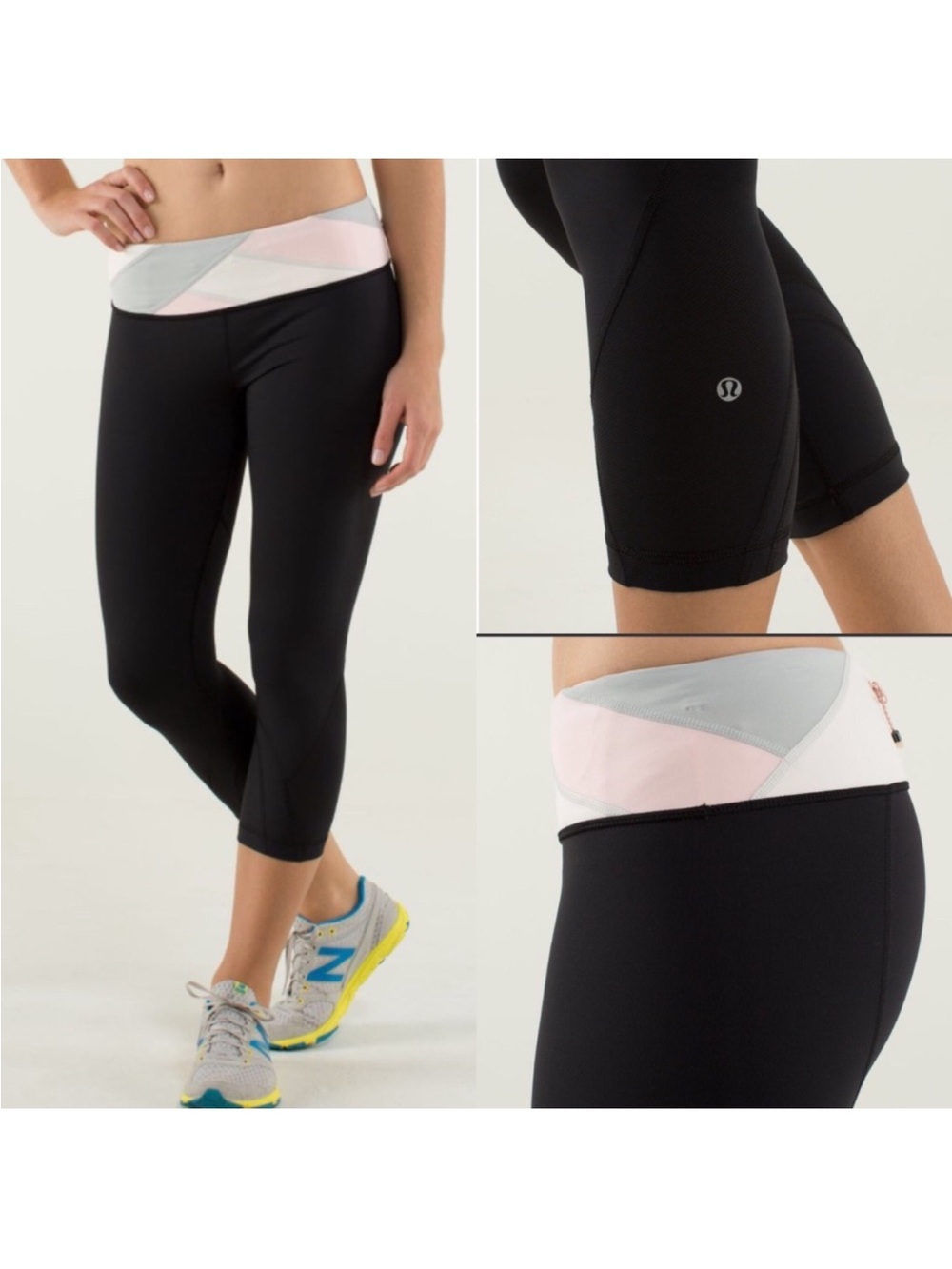 lululemon athletica Black Cropped Leggings with Pastel Quilt Inspired Waistband
